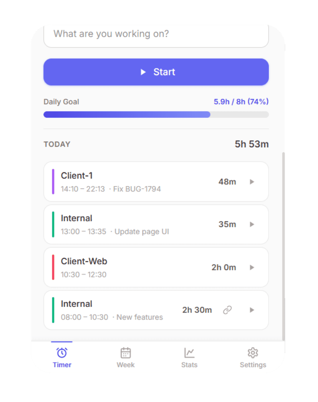 Work Timer entries view showing daily goal progress and time entries